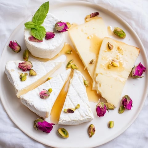 Romantic Rose Garden Platter appetizer arranged beautifully with cheeses, fruits, and edible rose petals.