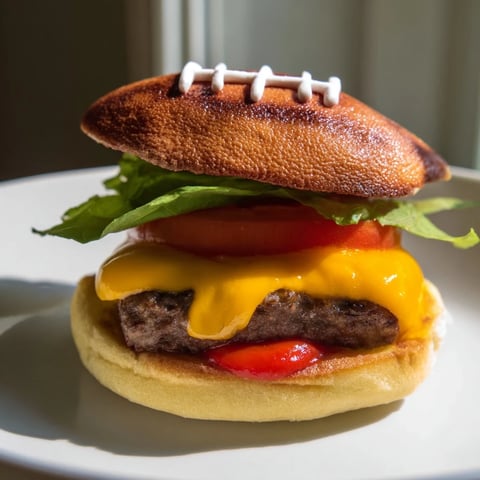Savory American football oval burger platter ready for game day, with melted cheese and fresh toppings.