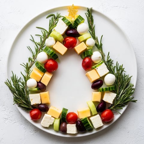 Bright, cheery photo of a holiday Cheese & Olives pine tree wreath, ready to serve.