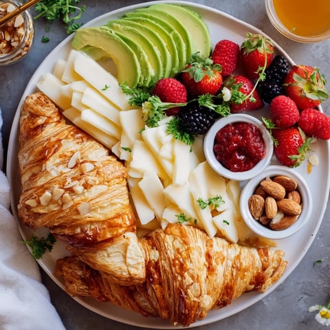 Golden, flaky croissants with a Cozy Fireplace Croissant Board assortment of cheeses, fruits, and spreads.