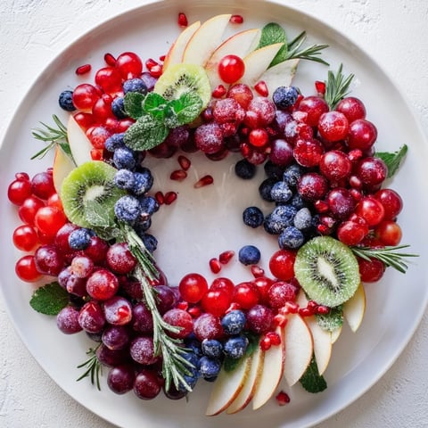 Festive Winter Berry Wreath Fruit Board displaying vibrant red berries, grapes, kiwi, and apple slices.
