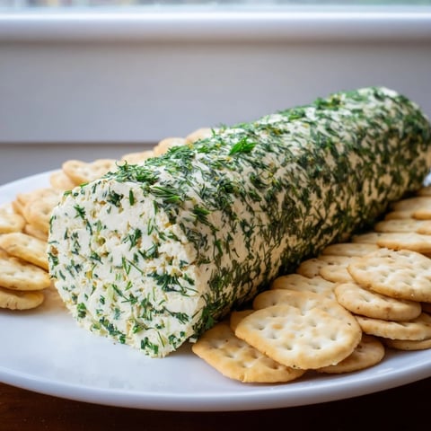 Herb-coated cheese log with vibrant green herbs and crispy crackers, a tasty appetizer that's ready to enjoy.