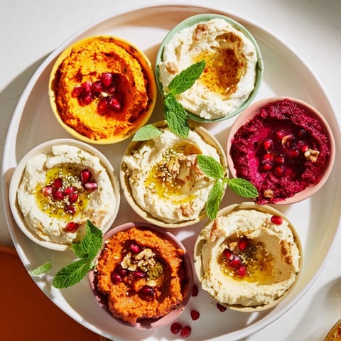 Moroccan Tile Mosaic: a colorful, generous appetizer platter with various flavorful dips and marinated veggies.