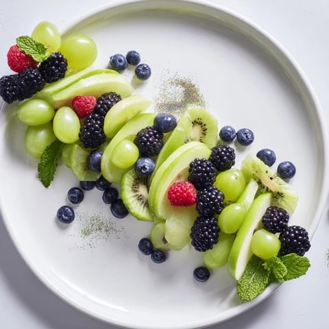 Beautiful Aurora Borealis Sweep fruit platter with green and purple fruits, ready to serve.
