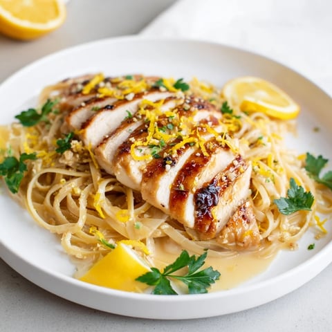 Pasta with Lemon Brûlée Chicken, a creamy, golden dish with caramelized chicken and fresh parsley.