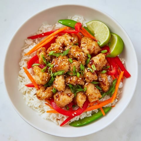 Steaming hot Sesame Ginger Rice Bowl, showcasing tender chicken with vibrant, crisp Asian vegetables.