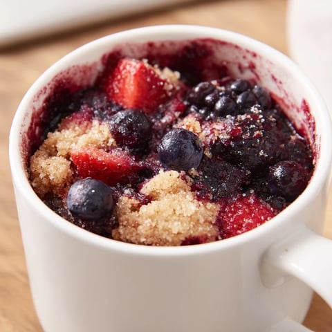 A warm Mixed Berry Cobbler Mug Cake, showing the golden baked crust bubbling over juicy berries inside.