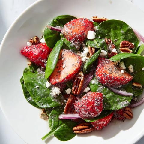 Bright, colorful Spinach Strawberry Salad served in large bowl, ready for a delicious lunch.