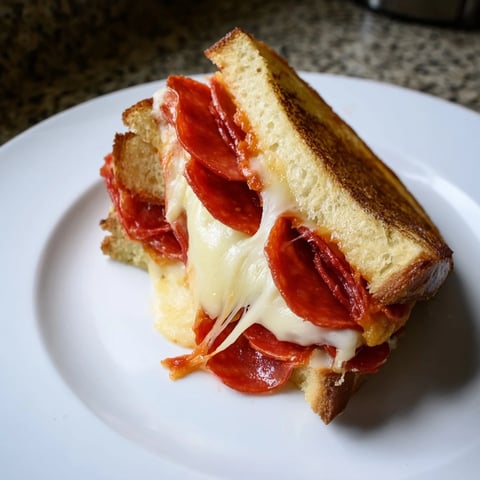 Golden-brown Pizza Grilled Cheese sandwich, oozing melted mozzarella and pepperoni slices, ready to serve with marinara.