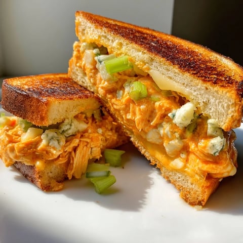 Golden, bubbly Buffalo Chicken Grilled Cheese, overflowing with melted cheese and spicy chicken filling.