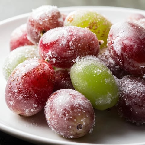 Icy, glistening frozen grapes arranged on a baking sheet, ready for a refreshing snack.