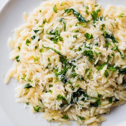 Steaming bowl of One-Pot Creamy Orzo, garnished with fresh parsley and Parmesan for a rich flavor.