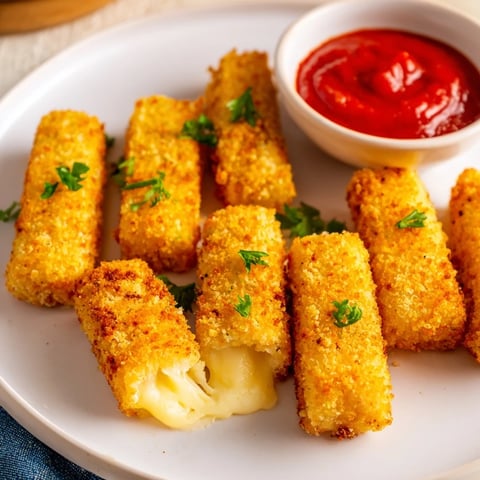 Golden air fryer mozzarella sticks, perfect for dipping in warm marinara sauce, make an easy appetizer.
