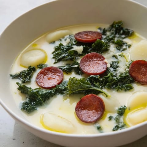 Steaming bowl of Portuguese Caldo Verde soup, a comforting classic with smoky chorizo and vibrant kale.