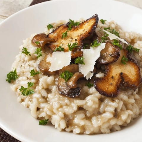 A steaming bowl of Italian Mushroom Risotto, garnished with fresh parsley and Parmesan.