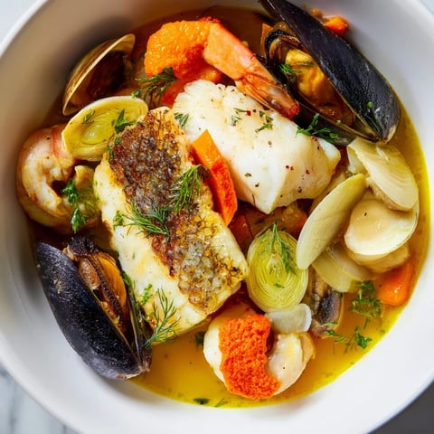 Steaming bouillabaisse, studded with fish and shellfish, served with rouille and toasted bread.
