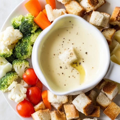 Golden-brown bread and crisp veggies ready for dipping in a bubbling Swiss Cheese Fondue, delicious!