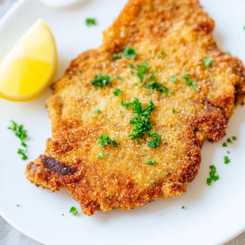 Golden-brown Austrian Wiener Schnitzel, perfectly fried and ready to be served with a lemon wedge.
