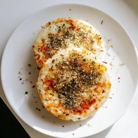 Golden, crispy edges of Crispy Rice Cake Cheese Stacks topped with melted mozzarella and parmesan.