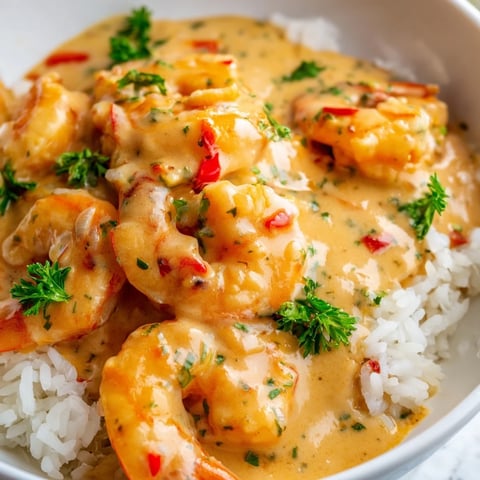 A close-up of Creamy Cajun Shrimp Rice Bowl with plump shrimp in a rich, creamy sauce over fluffy jasmine rice, garnished with parsley.