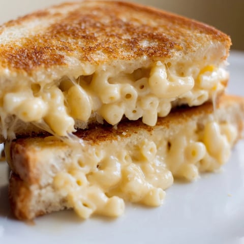 A close-up of a golden, buttery Mac & Cheese Grilled Cheese sandwich cut in half, revealing creamy macaroni and melted cheddar oozing between sourdough slices.