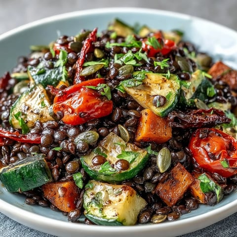 Warm roasted bell peppers, zucchini, and carrots mingle with black lentils in a lemon dressing.