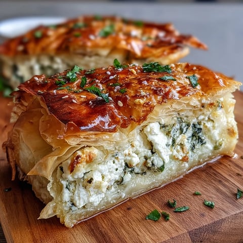 A close-up of the golden-brown, flaky Feta and Kale Börek, showcasing the vibrant green kale and creamy cheese filling in a rustic tart dish.