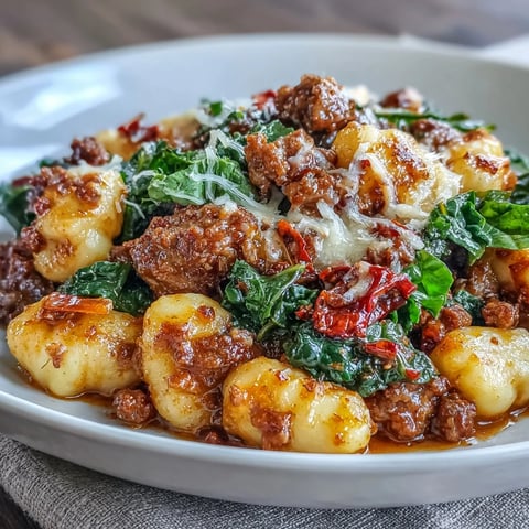 Golden brown gnocchi coated in a spicy sausage and tomato sauce, studded with vibrant wilted kale.