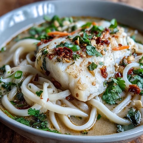 Fragrant poached cod with spiced coconut broth and udon noodles, garnished with fresh herbs for a vibrant, nourishing bowl.