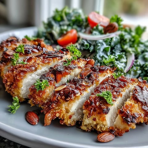 Golden almond-crusted chicken breasts rest beside a vibrant kale salad tossed with sumac and cherry tomatoes.