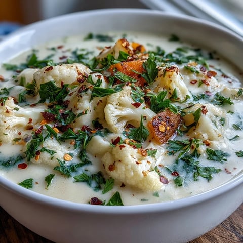 Creamy Vegetarian Cauliflower Chowder in a rustic bowl, garnished with fresh parsley and melted cheese, steaming gently on a farmhouse table.  