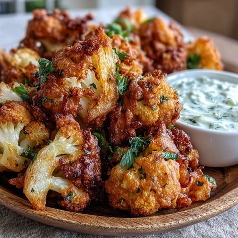 Golden Cauliflower Bhajis fritters served with a cooling mint yogurt dip on a plate.