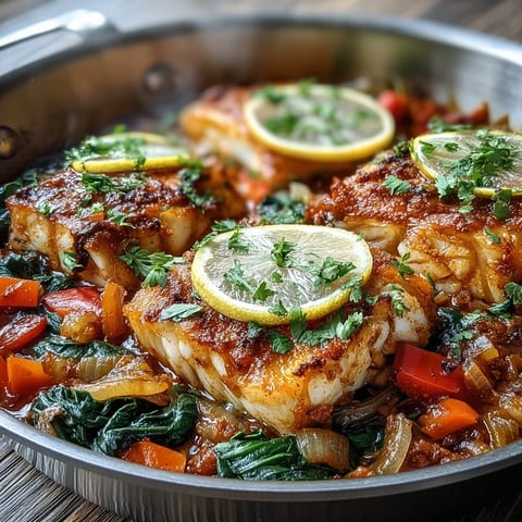 Flaky cod fillets nestled in a one pot simmer of tomatoes, peppers, and aromatic spices, garnished with fresh cilantro and lemon wedges for a vibrant Mediterranean main dish.  