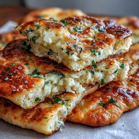 Freshly baked The Best Easy Garlic Naan Bread with golden bubbles and melted butter brushed on top.