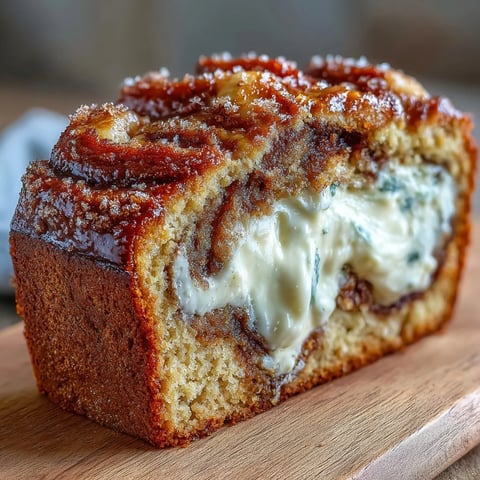 Freshly baked Cream Cheese Cinnamon Swirl Banana Bread cooled on a wooden cutting board, showcasing the rich cream cheese filling and sweet cinnamon topping.