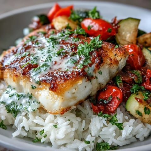Pan-Seared Fish Bowl with golden, flaky white fish, fluffy rice, and roasted vegetables, drizzled with lemon sauce.