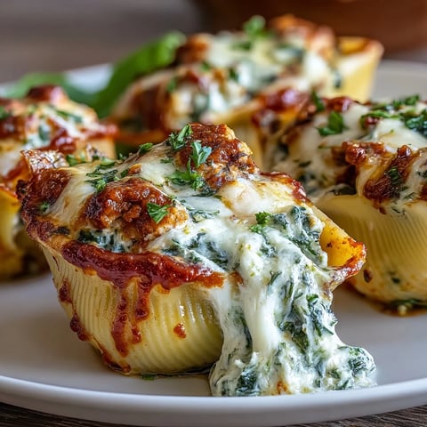 Freshly baked Pesto Chicken Stuffed Shells Lite in a white dish, garnished with basil leaves and bubbling mozzarella.