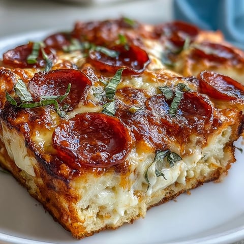 Freshly baked High-Protein Pizza Breakfast Casserole with golden bubbly cheese, turkey pepperoni, and bell peppers on a sheet pan.