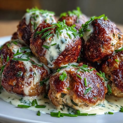 Golden-baked Creamy Garlic Ranch Turkey Meatballs rest in a luscious garlic cream sauce, garnished with fresh parsley.