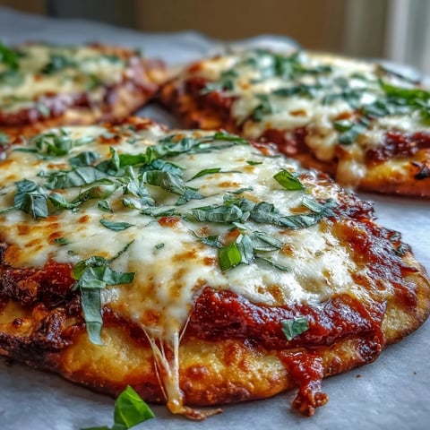 Golden, bubbly mozzarella melts over a saucy Garlic Naan Margherita Pizza, with fresh basil leaves and crisp naan edges on a baking sheet.