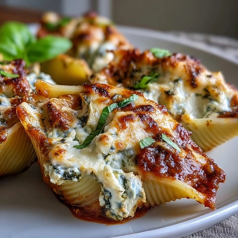 Golden baked Pesto Chicken Stuffed Shells Lite in a dish topped with fresh basil.