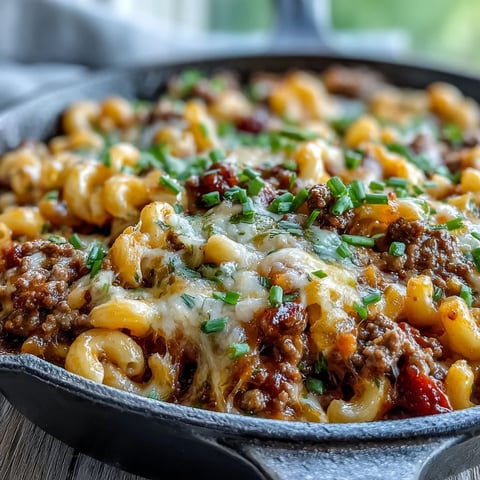 Golden One-Pan Cheeseburger Chili Mac bubbling in a skillet, topped with chopped dill pickles and fresh chives for a savory weeknight dinner.