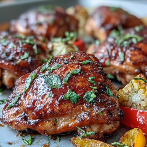 Golden-brown Sheet Pan BBQ Chicken with Corn on the Cob and Peppers roasted with sticky, glazed thighs and tender, charred vegetables.