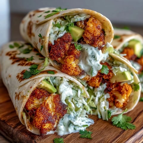 Crispy, spicy Vegan Buffalo Cauliflower Wraps are served on a plate with creamy vegan ranch slaw.
