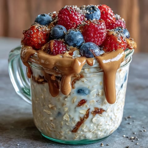 Creamy overnight oats topped with fresh mixed berries and a rich almond butter swirl in a glass jar.