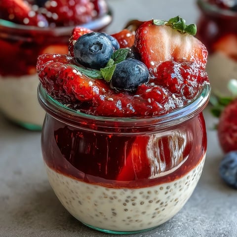 Vibrant summer berry chia pudding cups layered with fresh strawberries, blueberries, and raspberries for a healthy vegan breakfast.