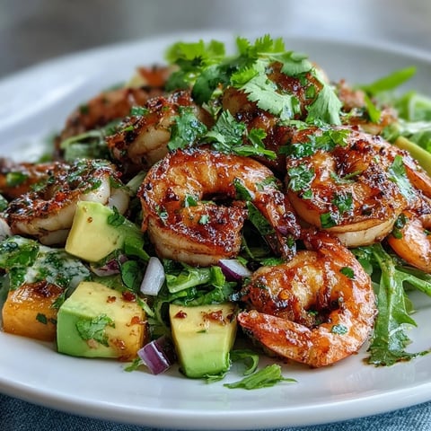 Grilled shrimp and mango avocado salad with chili-lime vinaigrette, featuring juicy shrimp and creamy avocado on crisp greens.  