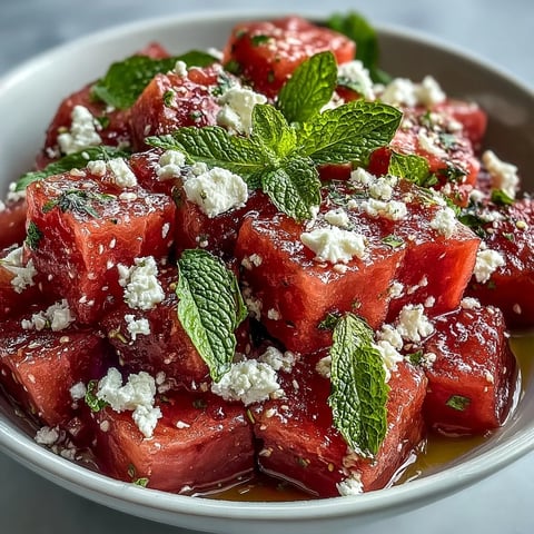 A vibrant watermelon feta mint salad with juicy red cubes, creamy white cheese, and fresh green mint leaves.