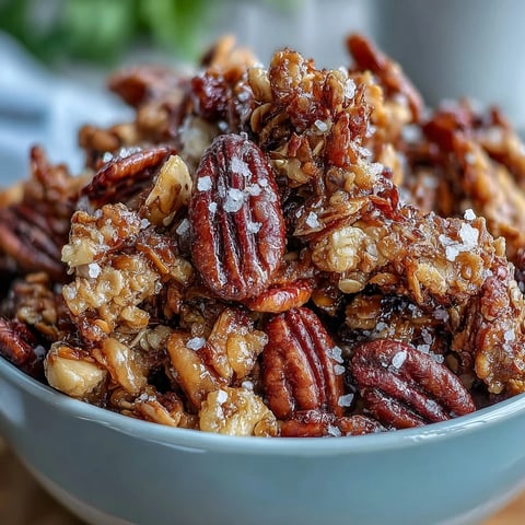 A bowl of homemade salted honey granola with crunchy oat clusters, toasted nuts, and a drizzle of golden honey.