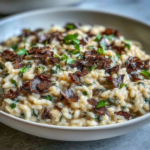 Creamy truffle risotto with fresh pea shoots, served in a shallow bowl and garnished with delicate truffle shavings.